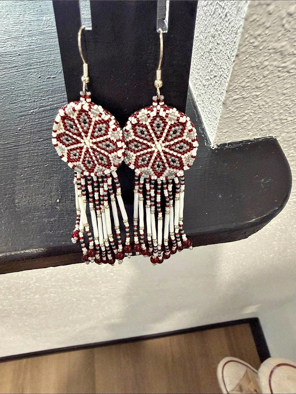 Hand Beaded native Geometric Statement Earrings White & Red